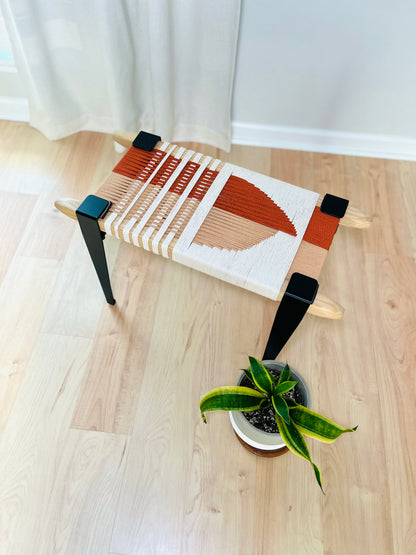Mid Century Bench | Custom Size Woven Entryway Seating With Matte Black Legs