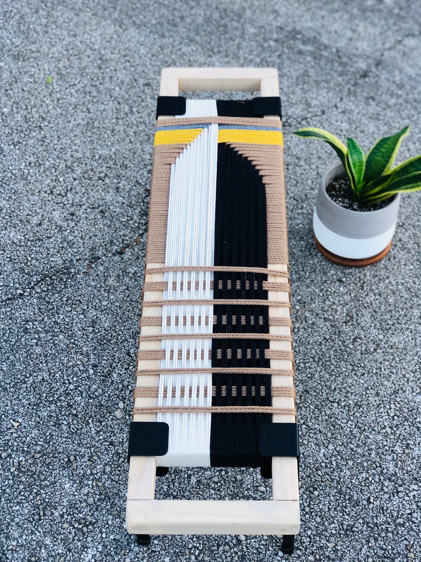 Mid Century Bench | Custom Size Woven Entryway Seating With Matte Black Legs