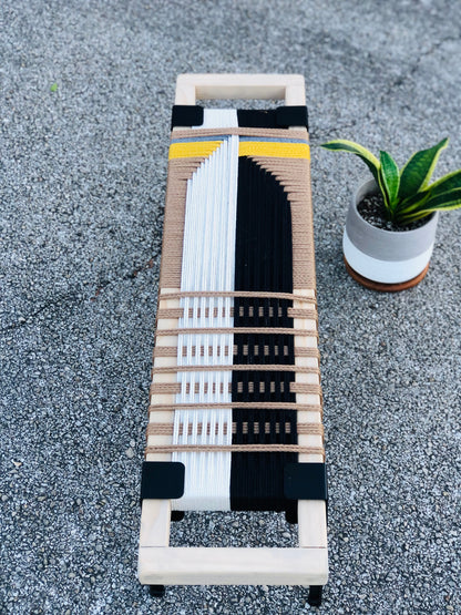 Mid Century Bench | Custom Size Woven Entryway Seating With Matte Black Legs