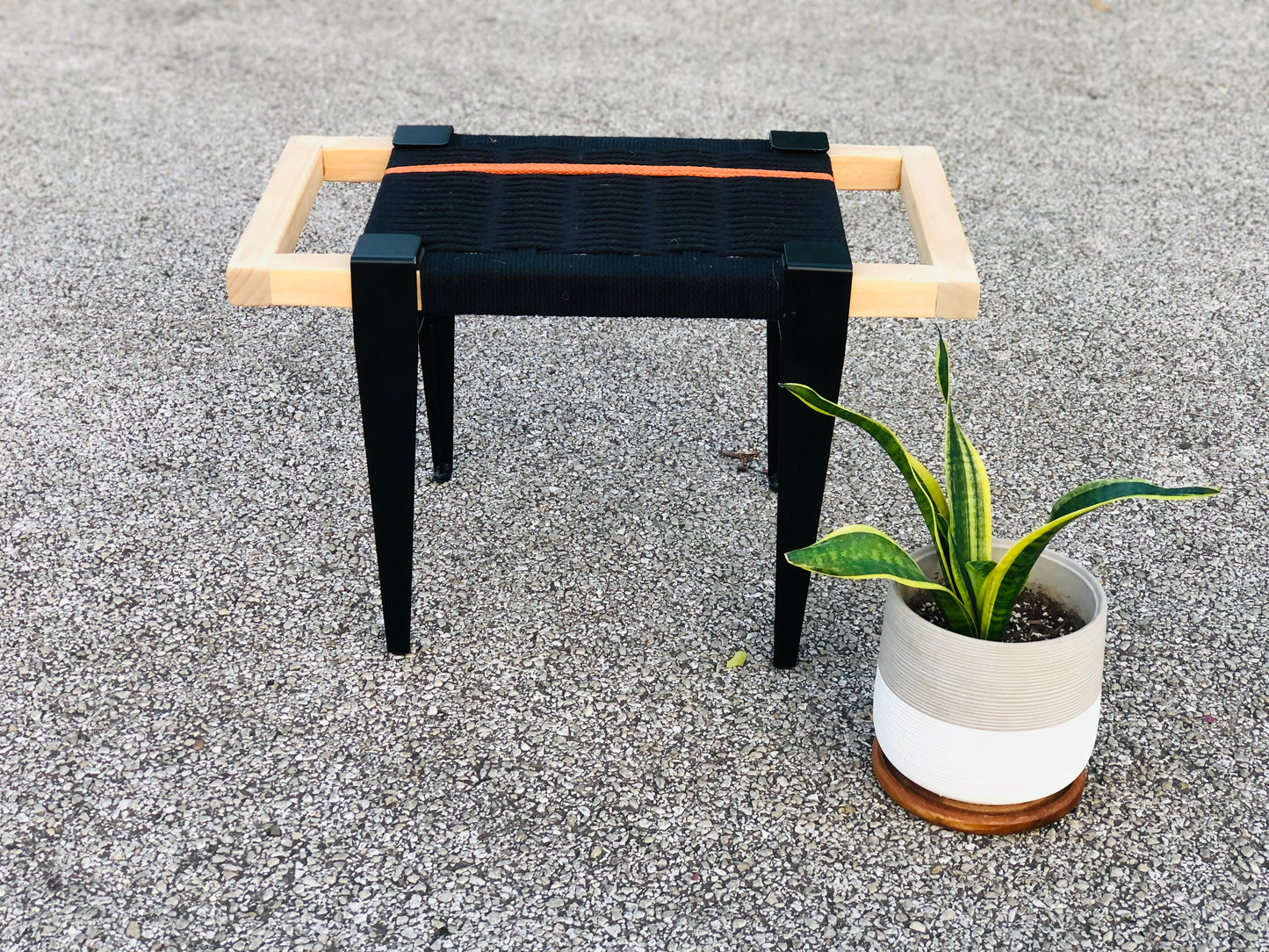 Mid Century Bench | Custom Size Woven Entryway Seating With Matte Black Legs