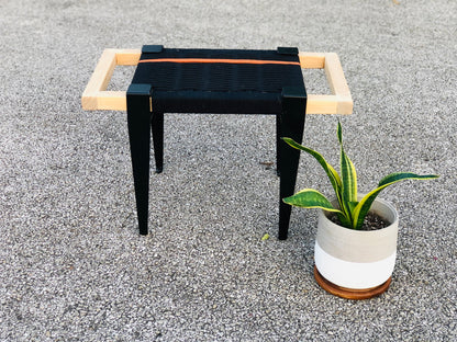Mid Century Bench | Custom Size Woven Entryway Seating With Matte Black Legs