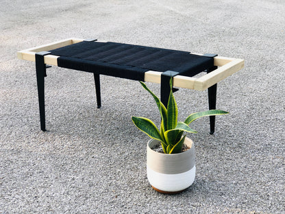 Mid Century Bench | Custom Size Woven Entryway Seating With Matte Black Legs