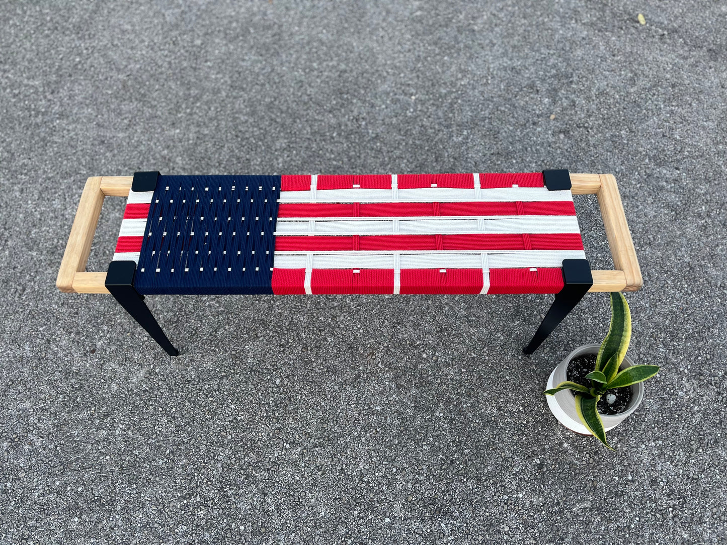 Mid Century Bench | Custom Size Woven Entryway Seating With Matte Black Legs