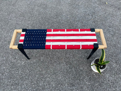 Mid Century Bench | Custom Size Woven Entryway Seating With Matte Black Legs