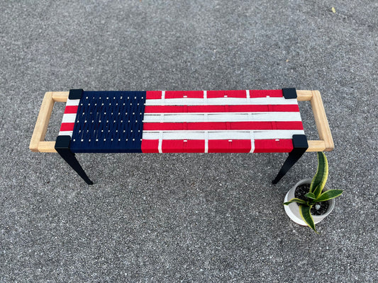 Mid Century Bench | Custom Size Woven Entryway Seating With Matte Black Legs