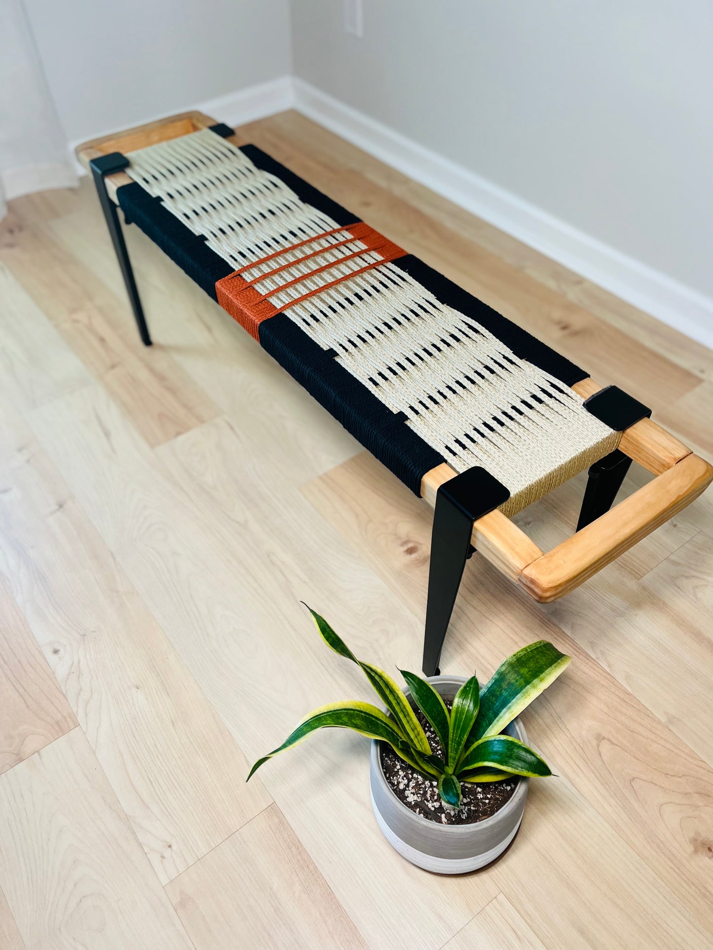 Mid Century Bench | Custom Size Woven Entryway Seating With Matte Black Legs