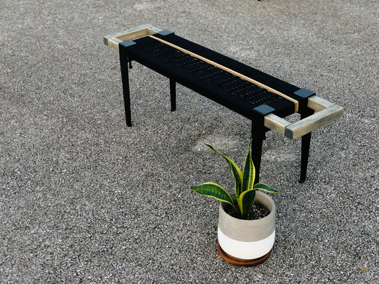 Mid Century Bench | Custom Size Woven Entryway Seating With Matte Black Legs