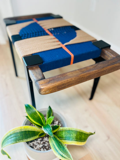 Mid Century Bench | Custom Size Woven Entryway Seating With Matte Black Legs