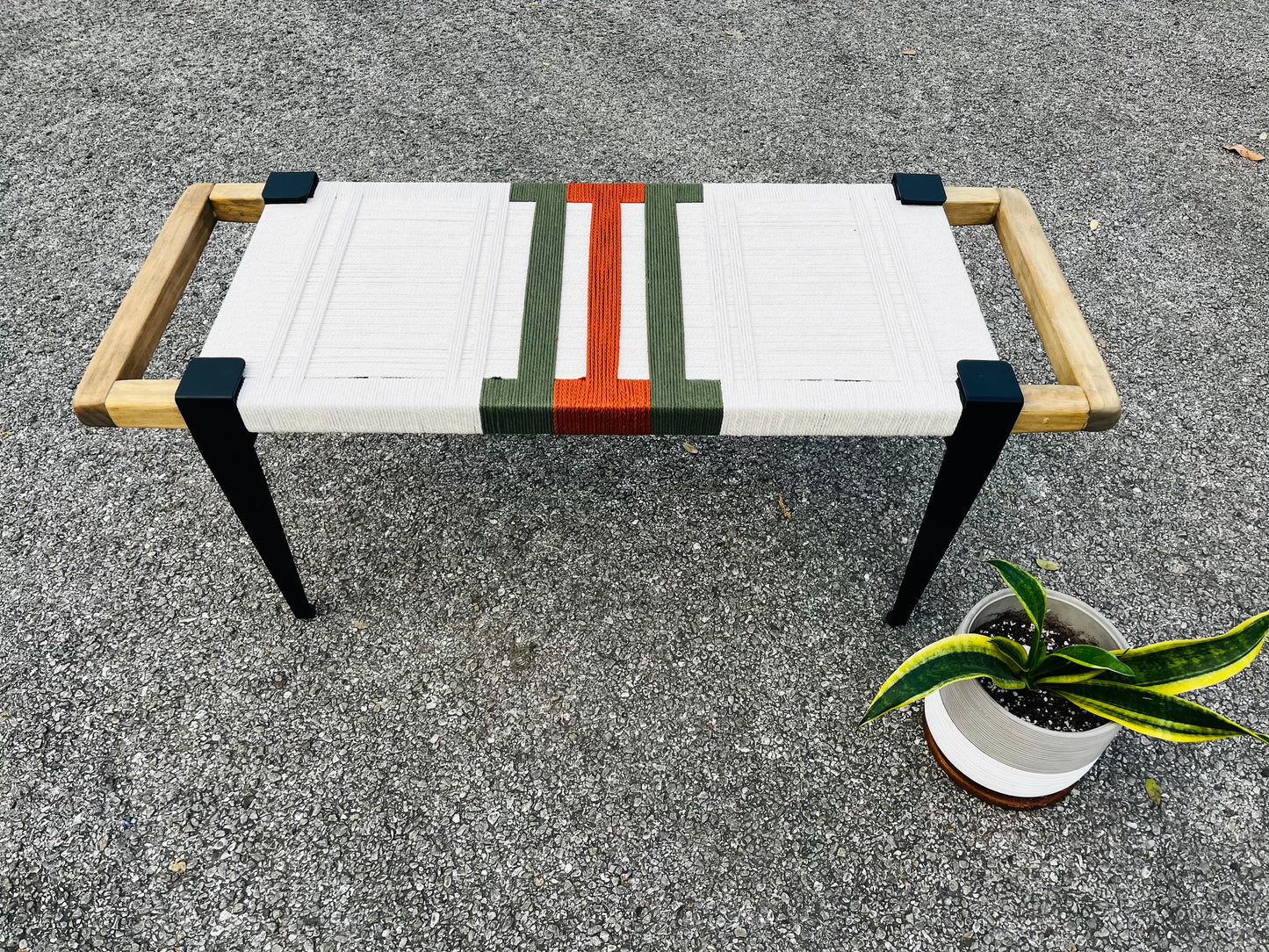 Mid Century Bench | Custom Size Woven Entryway Seating With Matte Black Legs