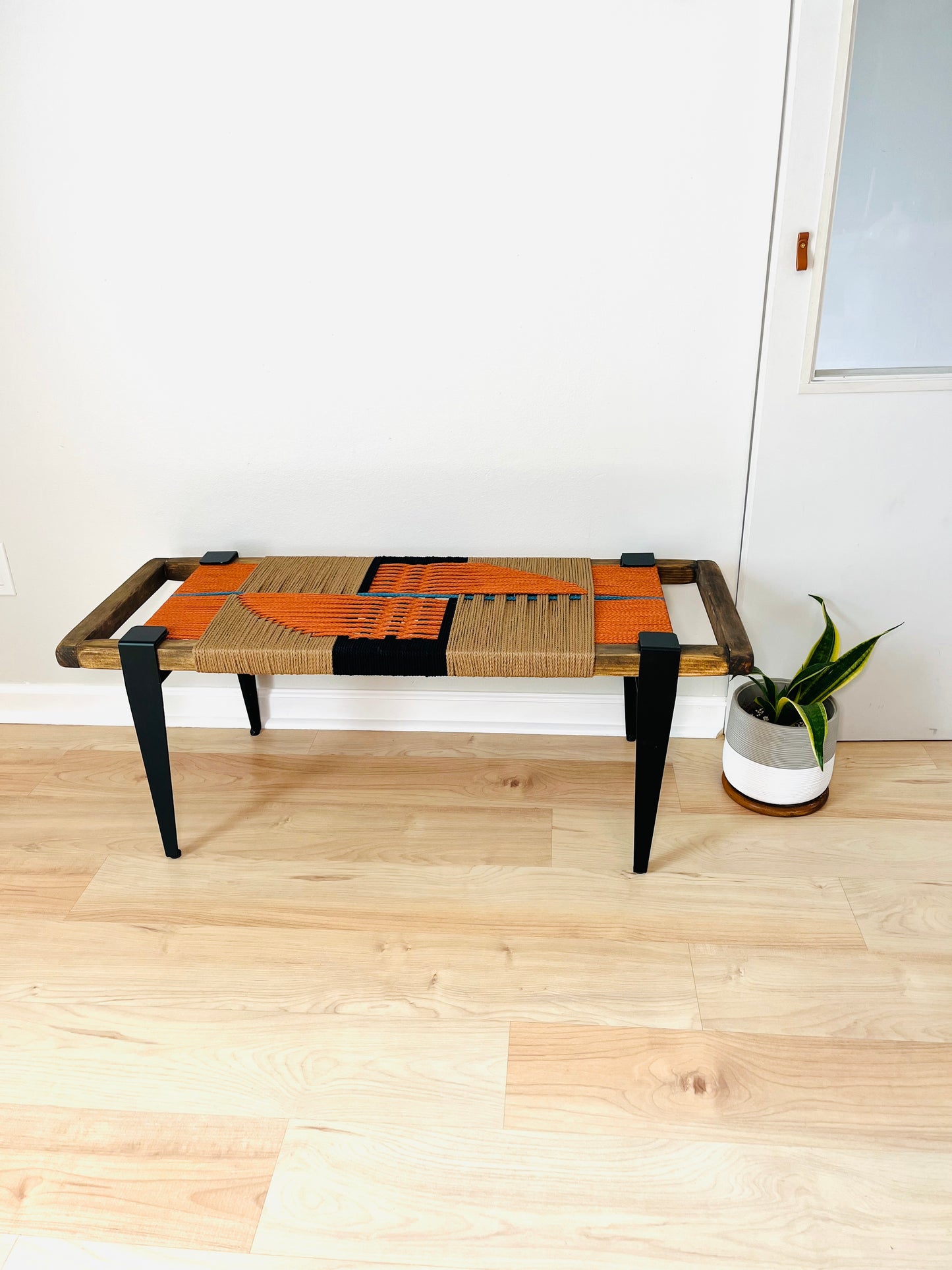 Mid Century Bench | Custom Size Woven Entryway Seating With Matte Black Legs