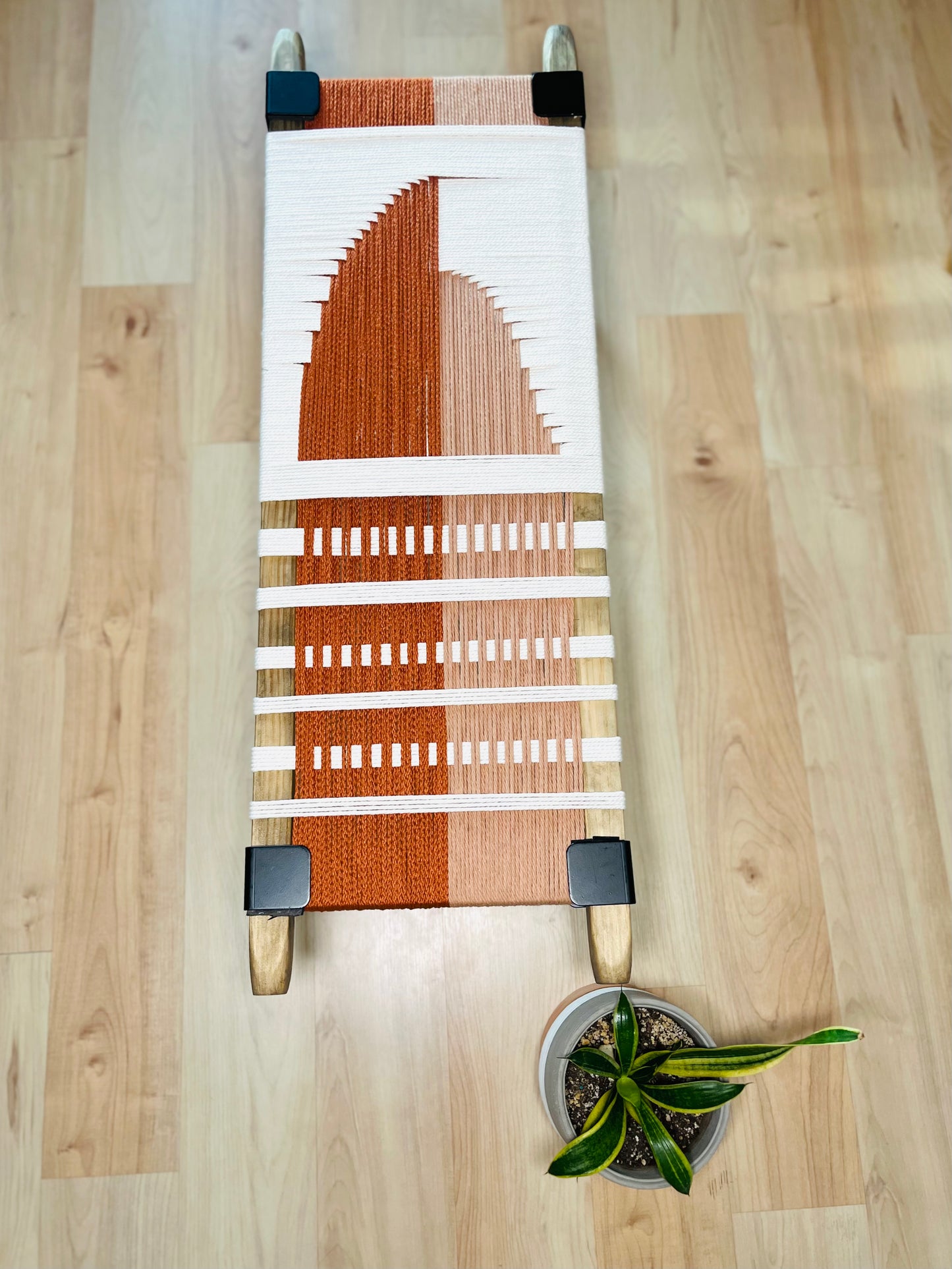 Mid Century Bench | Custom Size Woven Entryway Seating With Matte Black Legs