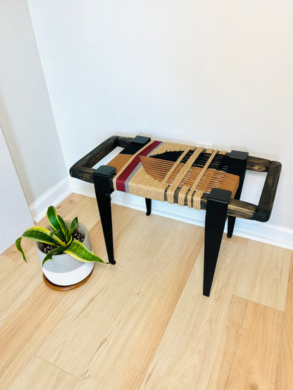 Mid Century Bench | Custom Size Woven Entryway Seating With Matte Black Legs