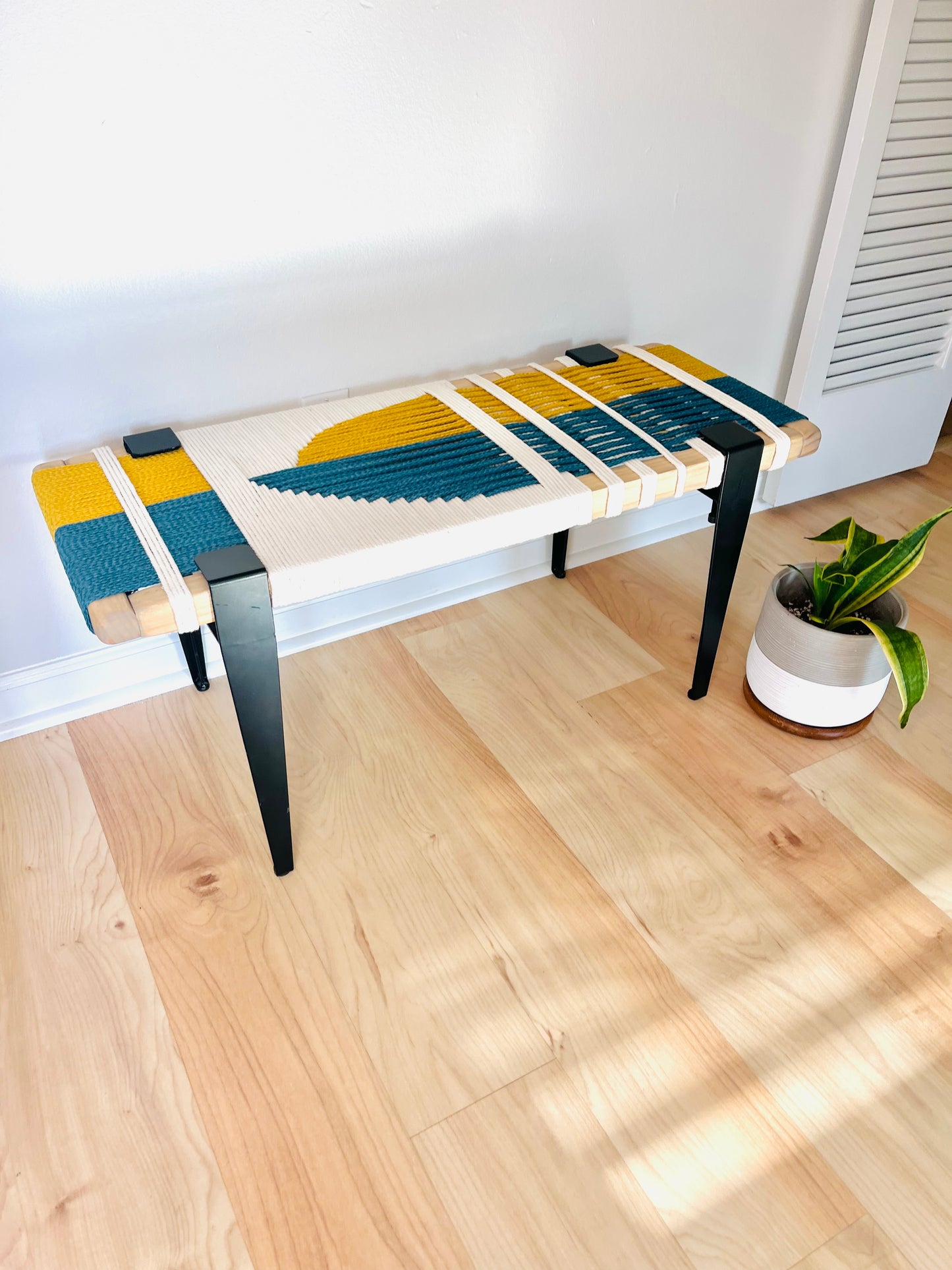 Mid Century Bench | Custom Size Woven Entryway Seating With Matte Black Legs