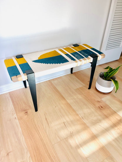 Mid Century Bench | Custom Size Woven Entryway Seating With Matte Black Legs