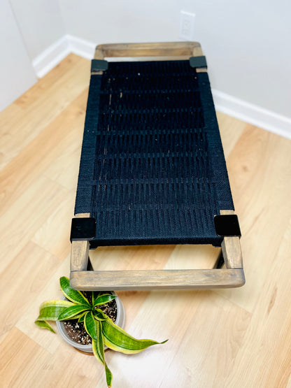Mid Century Bench | Custom Size Woven Entryway Seating With Matte Black Legs