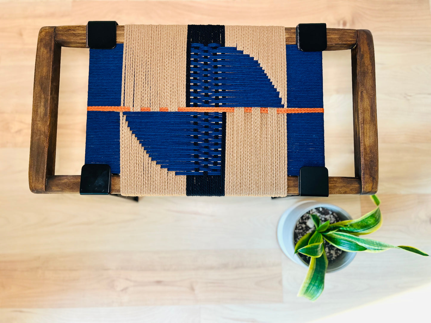 Mid Century Bench | Custom Size Woven Entryway Seating With Matte Black Legs