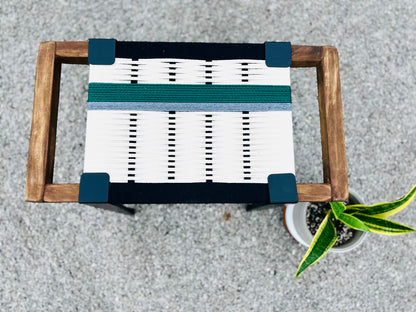 Mid Century Bench | Custom Size Woven Entryway Seating With Matte Black Legs