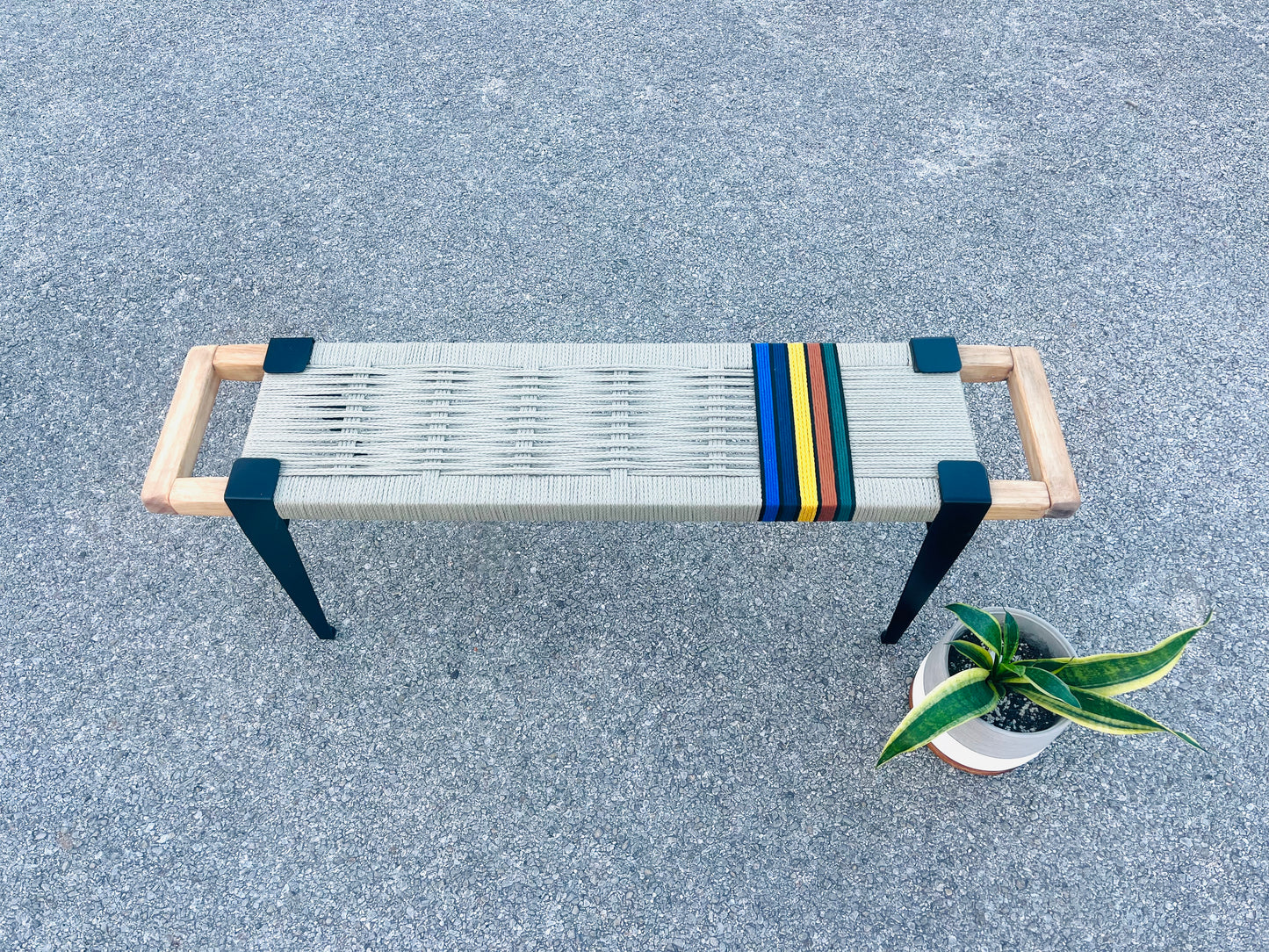 Mid Century Bench | Custom Size Woven Entryway Seating With Matte Black Legs