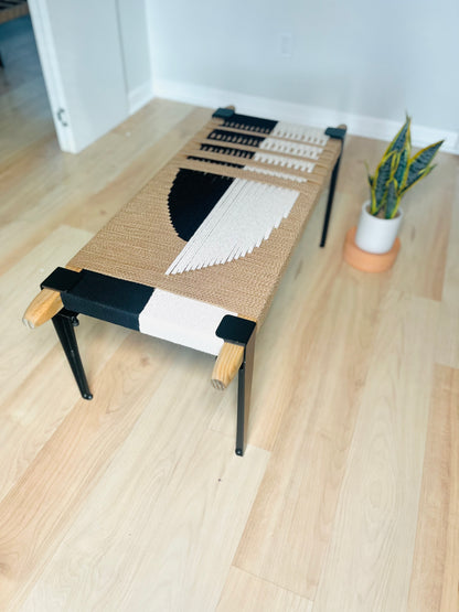 Mid Century Bench | Custom Size Woven Entryway Seating With Matte Black Legs