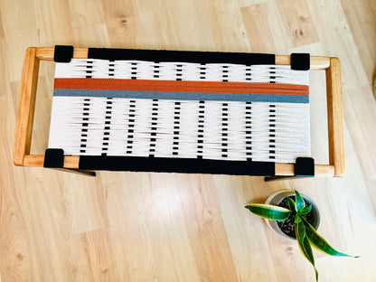 Mid Century Bench | Custom Size Woven Entryway Seating With Matte Black Legs