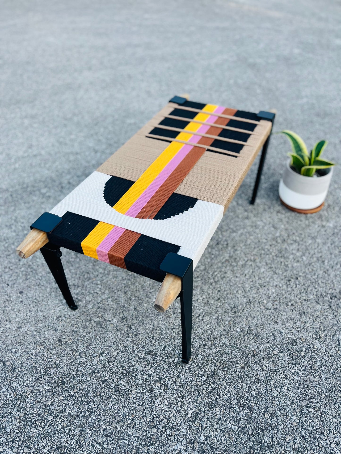 Mid Century Bench | Custom Size Woven Entryway Seating With Matte Black Legs