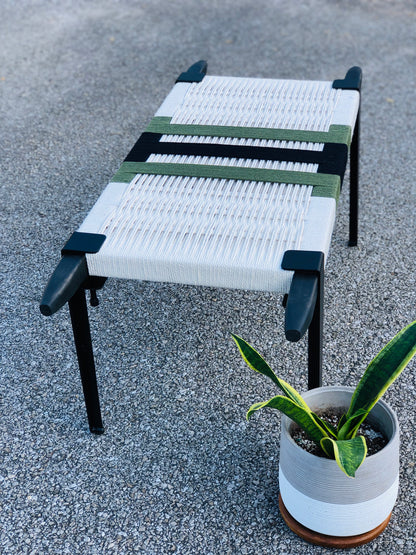 Mid Century Bench | Custom Size Woven Entryway Seating With Matte Black Legs