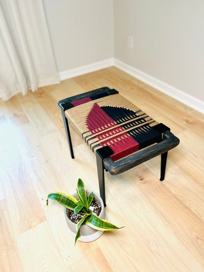 Mid Century Bench | Custom Size Woven Entryway Seating With Matte Black Legs