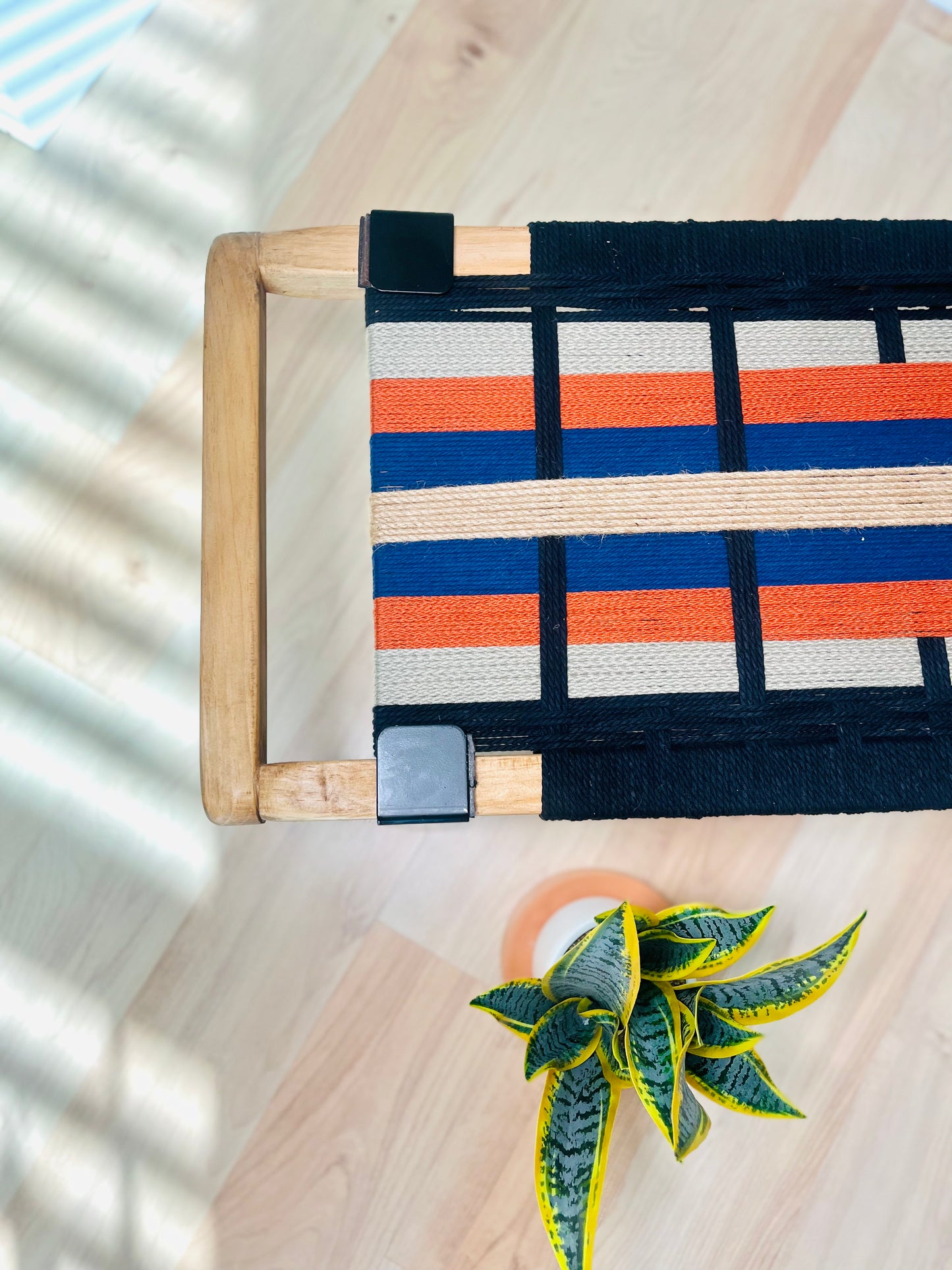 Mid Century Bench | Custom Size Woven Entryway Seating With Matte Black Legs