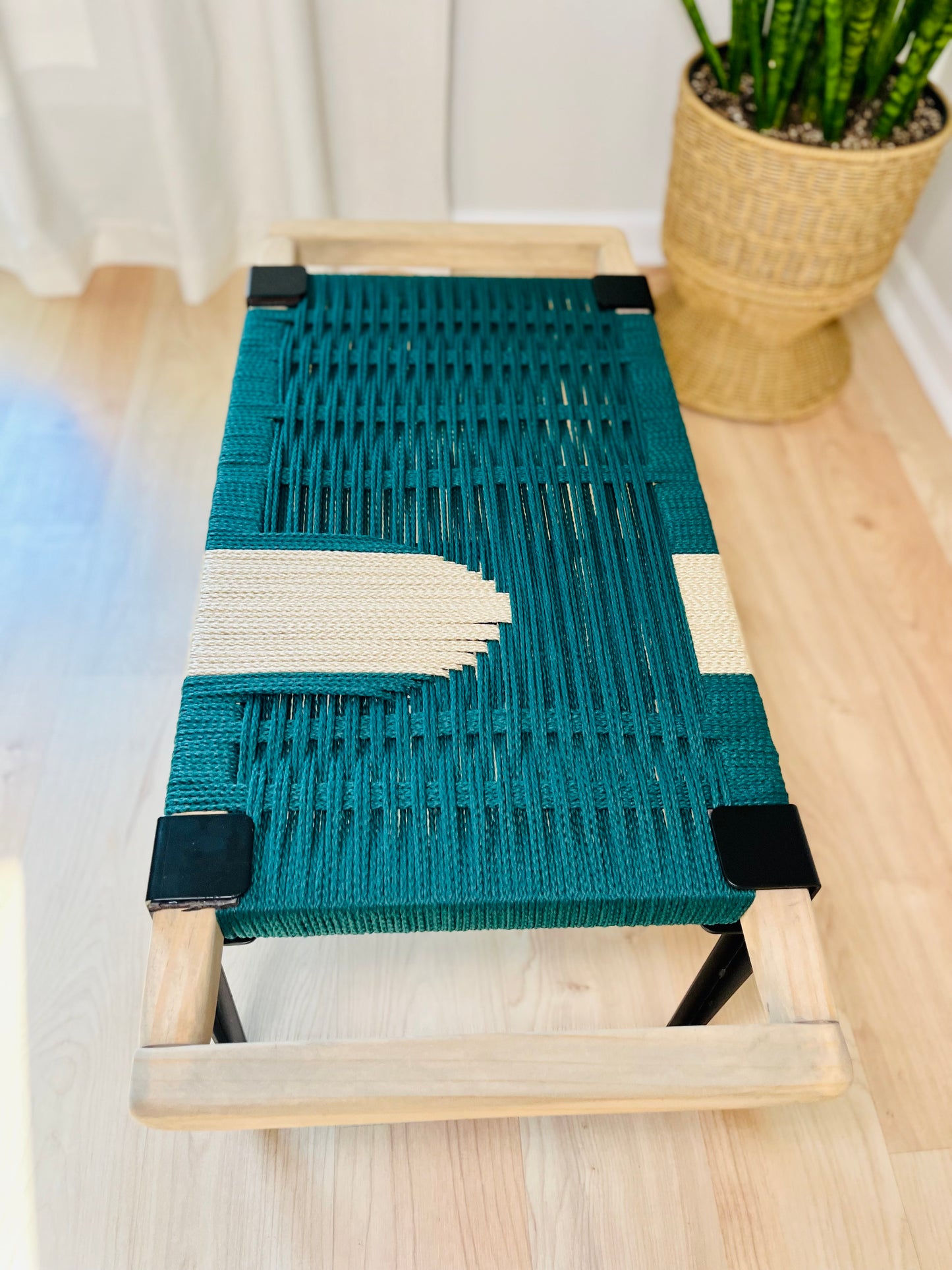 Mid Century Bench | Custom Size Woven Entryway Seating With Matte Black Legs