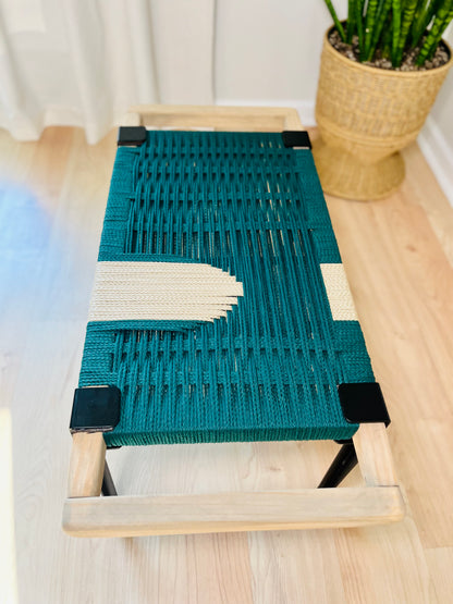 Mid Century Bench | Custom Size Woven Entryway Seating With Matte Black Legs