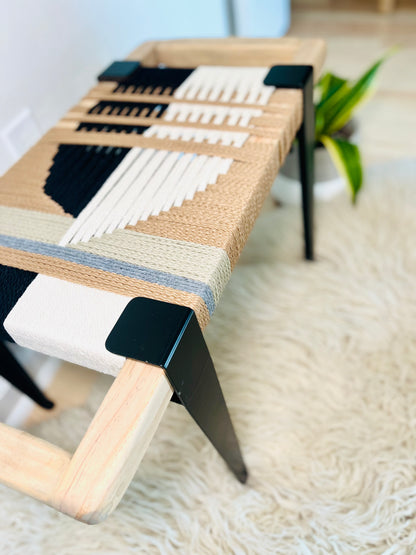 Mid Century Bench | Custom Size Woven Entryway Seating With Matte Black Legs