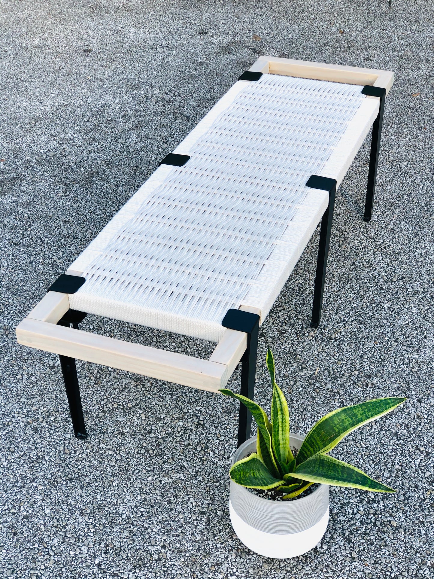 Mid Century Bench | Custom Size Woven Entryway Seating With Matte Black Legs