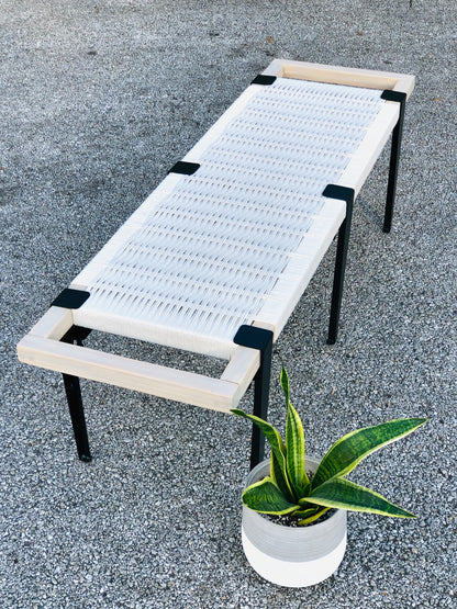 Mid Century Bench | Custom Size Woven Entryway Seating With Matte Black Legs