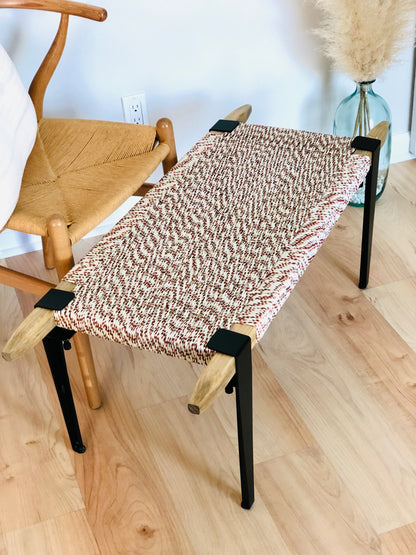 Mid Century Bench | Custom Size Woven Entryway Seating With Matte Black Legs