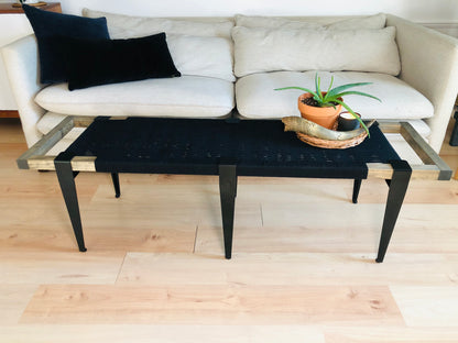 Mid Century Bench | Custom Size Woven Entryway Seating With Matte Black Legs