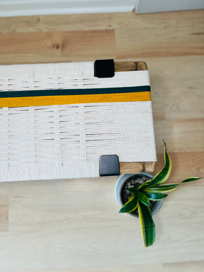 Mid Century Bench | Custom Size Woven Entryway Seating With Matte Black Legs