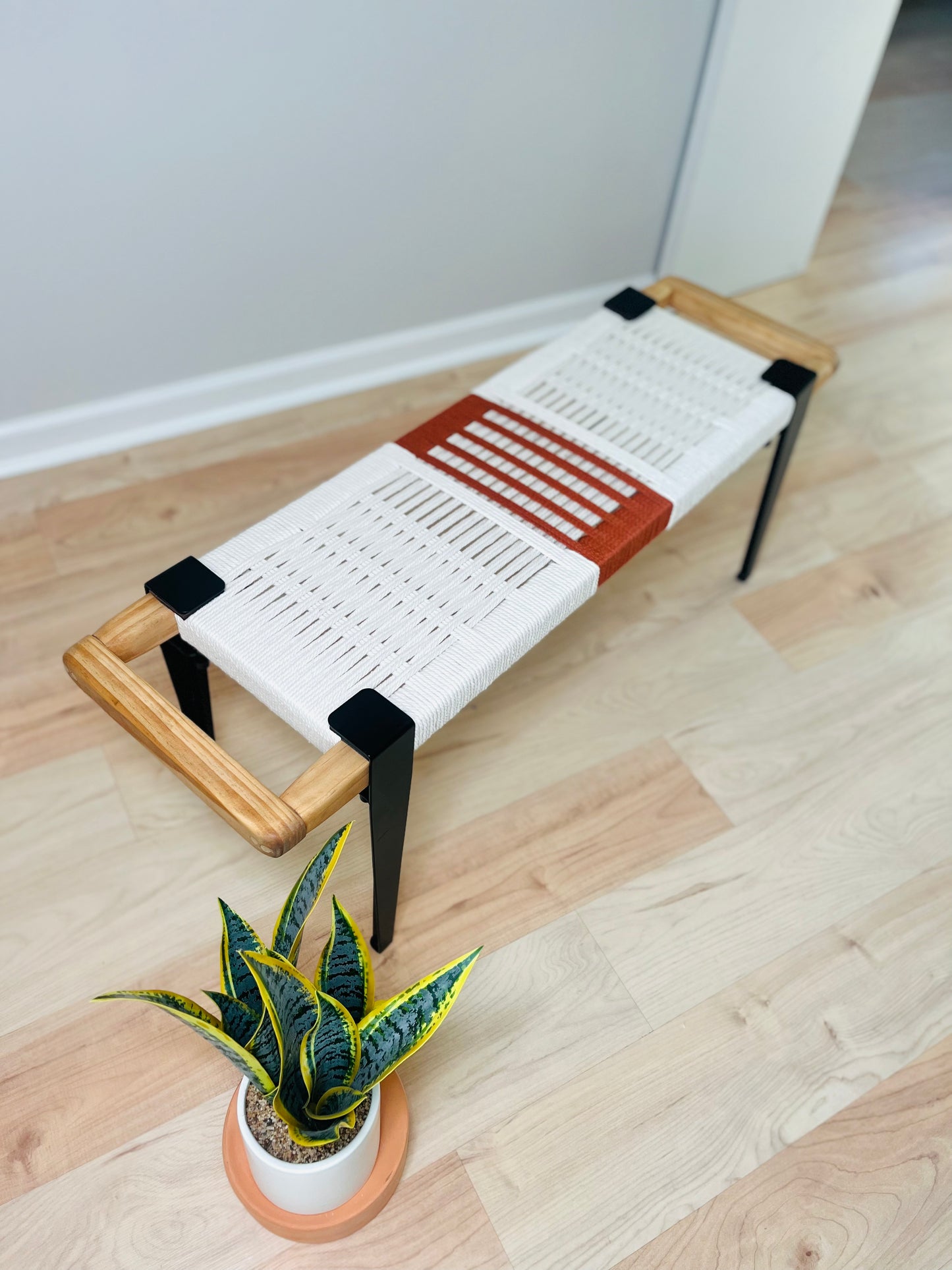 Mid Century Bench | Custom Size Woven Entryway Seating With Matte Black Legs