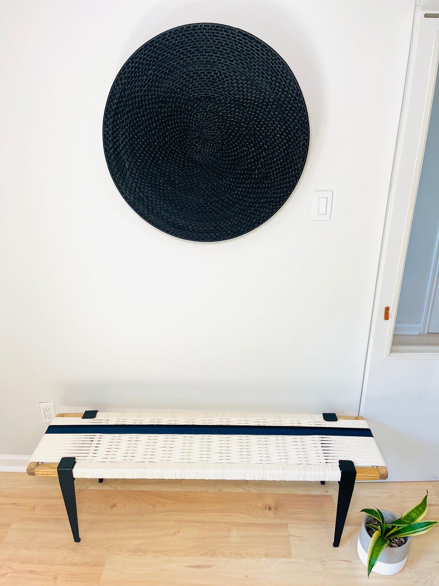 Mid Century Bench | Custom Size Woven Entryway Seating With Matte Black Legs