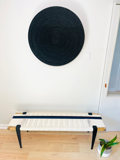 Mid Century Bench | Custom Size Woven Entryway Seating With Matte Black Legs