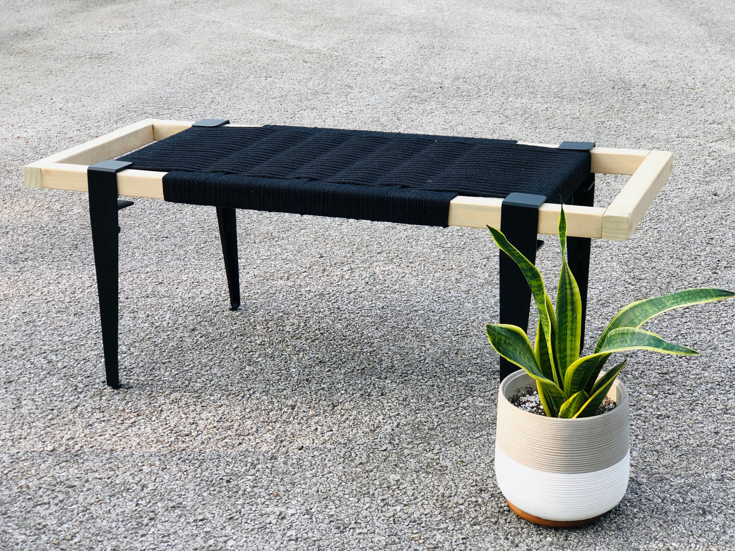 Mid Century Bench | Custom Size Woven Entryway Seating With Matte Black Legs