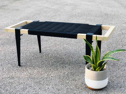 Mid Century Bench | Custom Size Woven Entryway Seating With Matte Black Legs