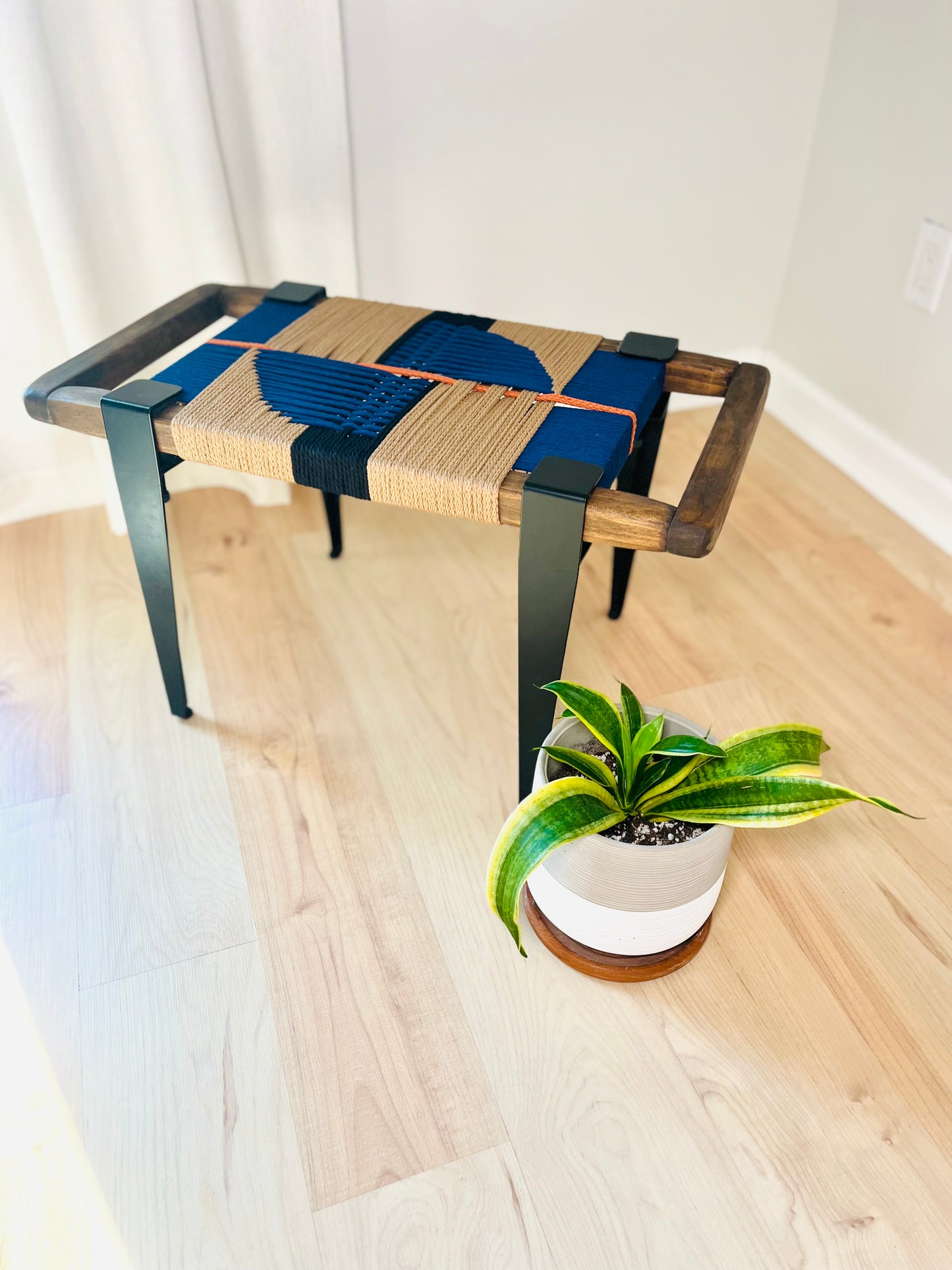 Mid Century Bench | Custom Size Woven Entryway Seating With Matte Black Legs