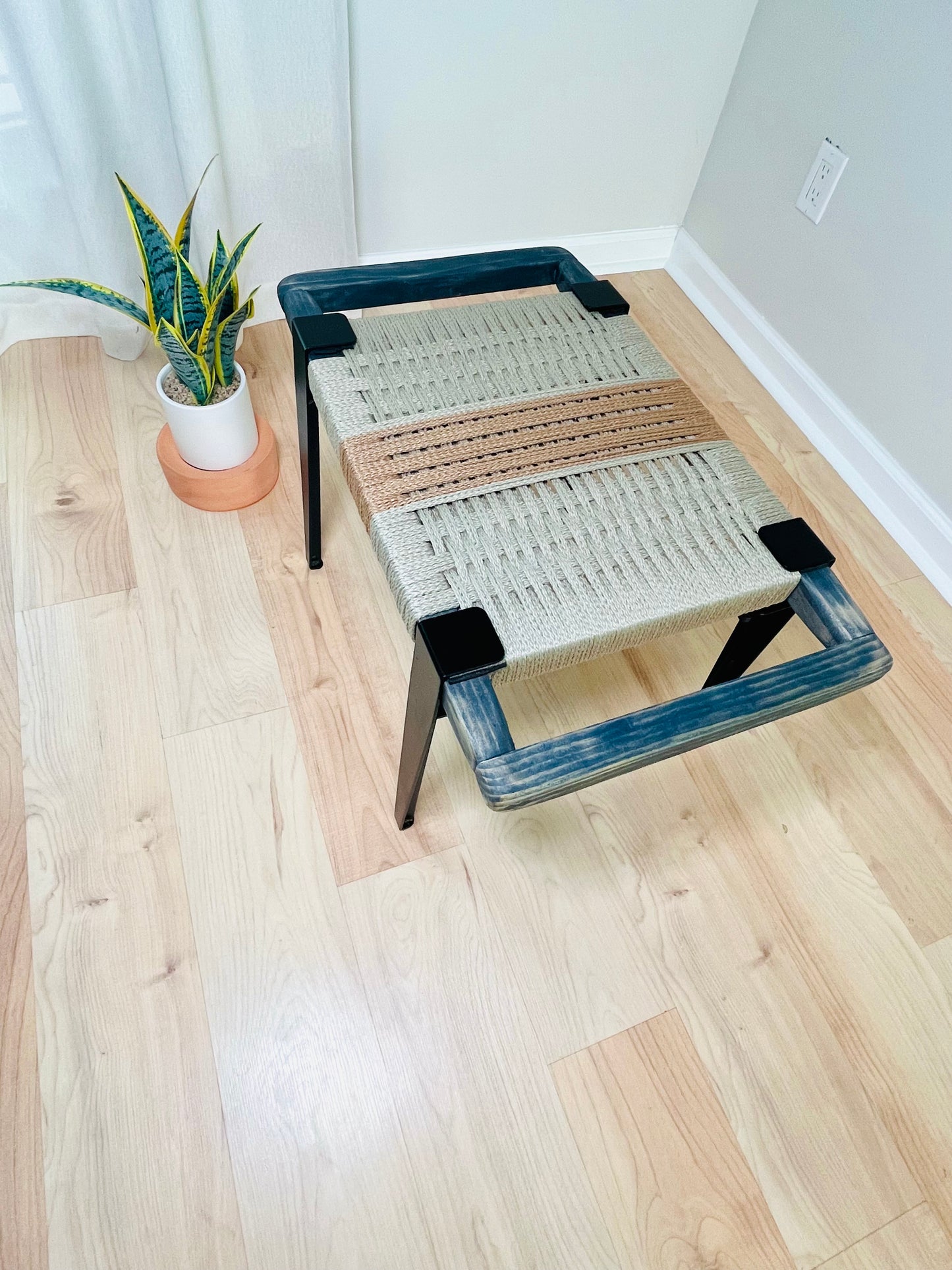 Mid Century Bench | Custom Size Woven Entryway Seating With Matte Black Legs
