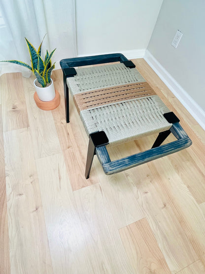 Mid Century Bench | Custom Size Woven Entryway Seating With Matte Black Legs