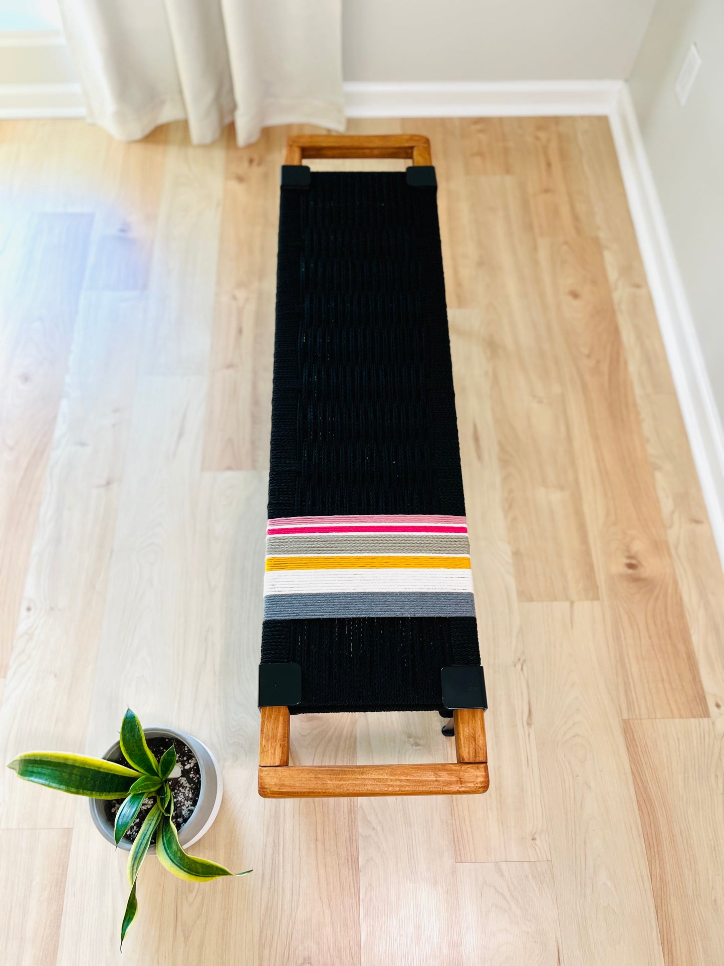 Mid Century Bench | Custom Size Woven Entryway Seating With Matte Black Legs