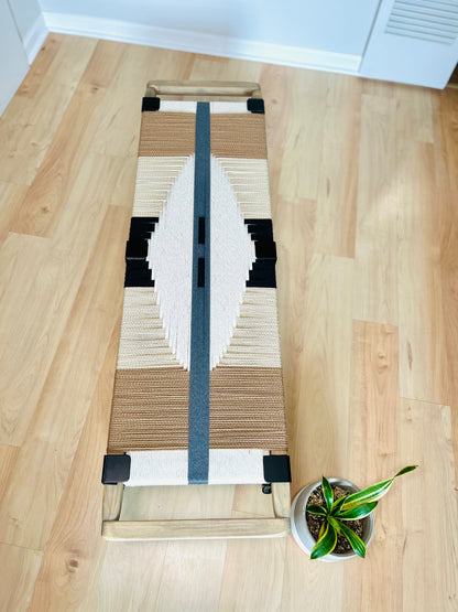 Mid Century Bench | Custom Size Woven Entryway Seating With Matte Black Legs