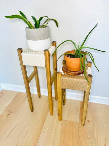 Mid-Century Modern Style Woven Indoor Plant Stands (tall set of 2)