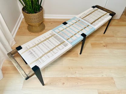 Mid Century Bench | Custom Size Woven Entryway Seating With Matte Black Legs