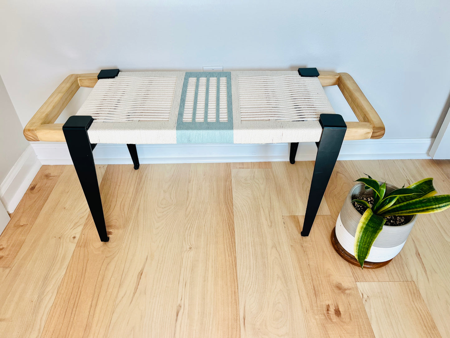 Mid Century Bench | Custom Size Woven Entryway Seating With Matte Black Legs