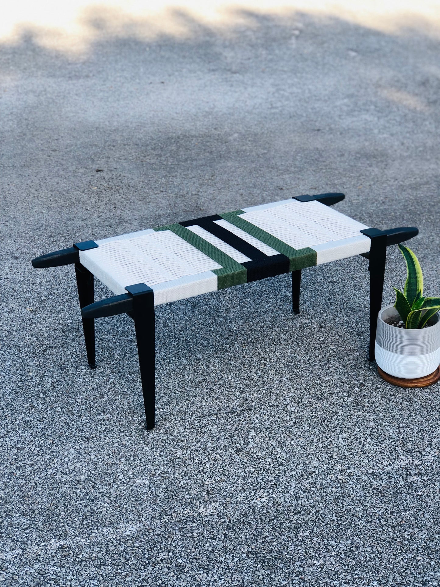 Mid Century Bench | Custom Size Woven Entryway Seating With Matte Black Legs